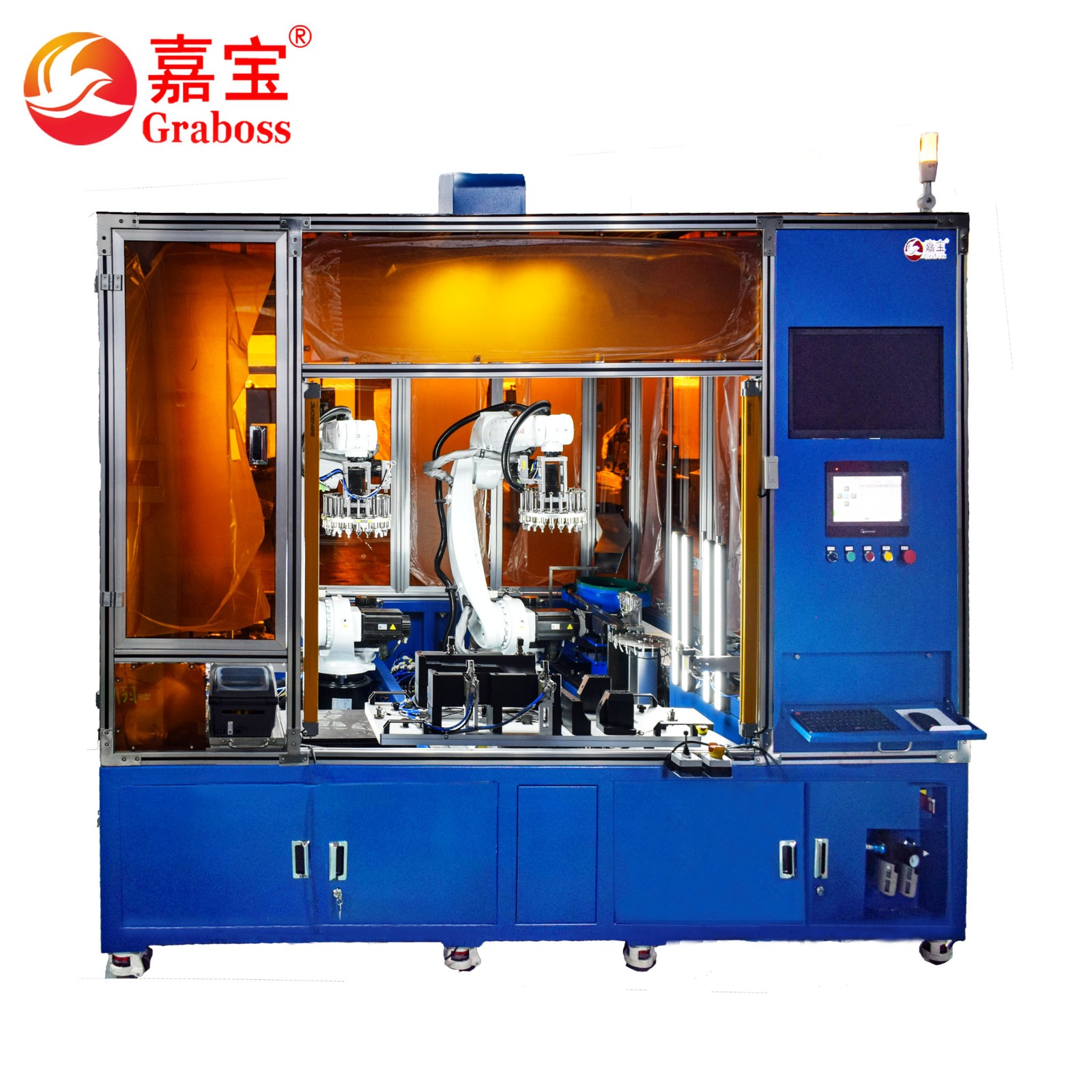 Dual robot snap fit automatic assembly equipment